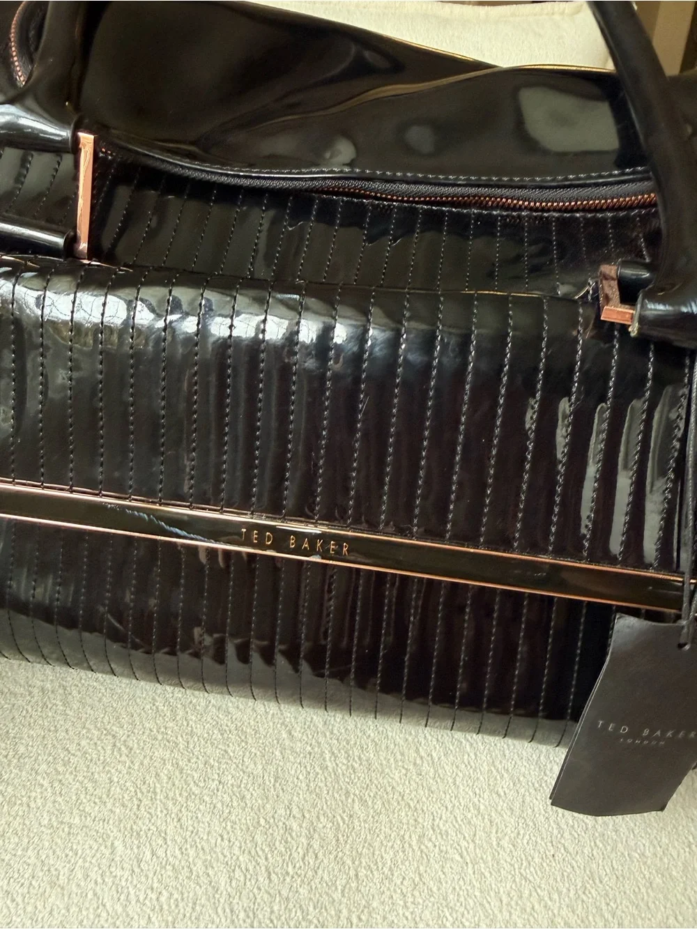 Ted Baker Black Patent Pet Carrier with Rose-Gold Hardware